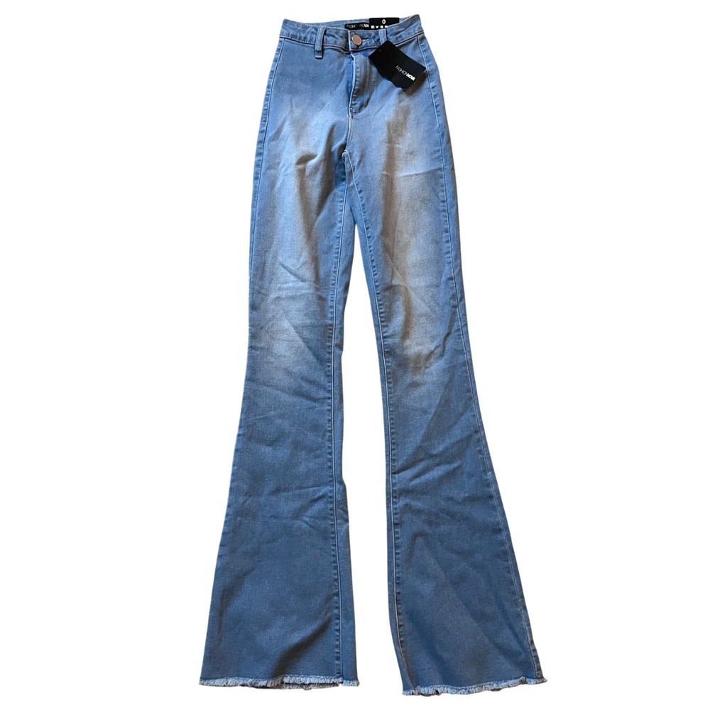 Fashion Nova Valentina High Rise Flare Jeans Light Blue Wash Raw Hem Size 0